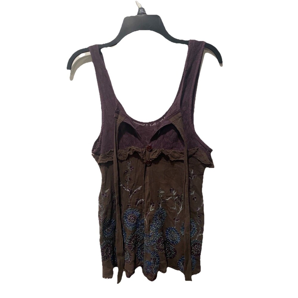 Free People Sleeveless Open Back Top in Brown Purple Metallic Floral Size 4 - Picture 2 of 9